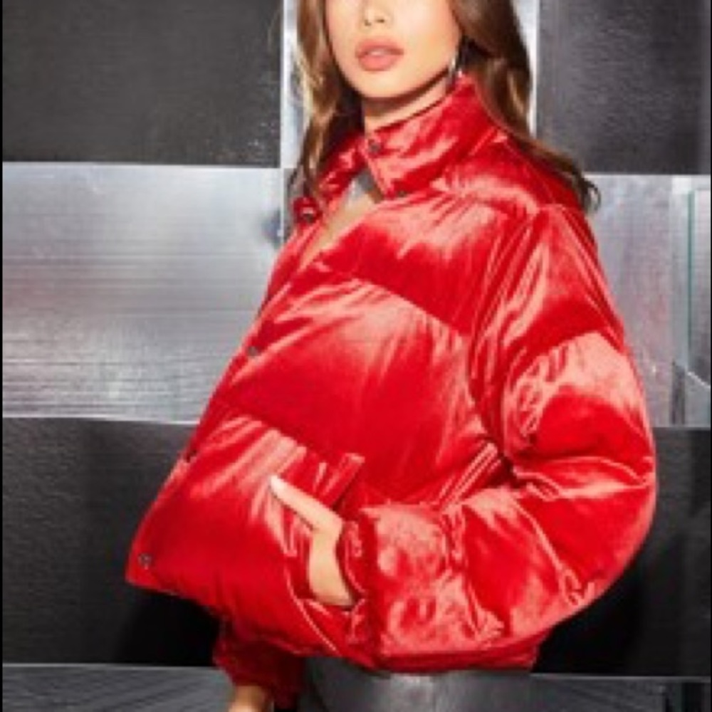 Glamorous Red Velvet Button Front Puffer Jacket - Picture 3 of 5